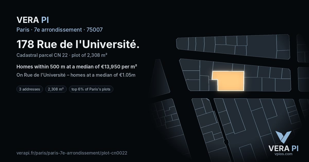 178 Rue de l'Université, 7e arrondissement at night – the plot lit, the parcels around coloured by the prices near them