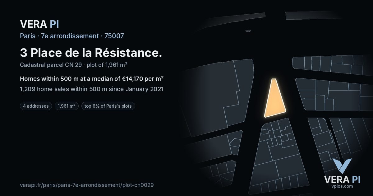 3 Place de la Résistance, 7e arrondissement at night – the plot lit, the parcels around coloured by the prices near them