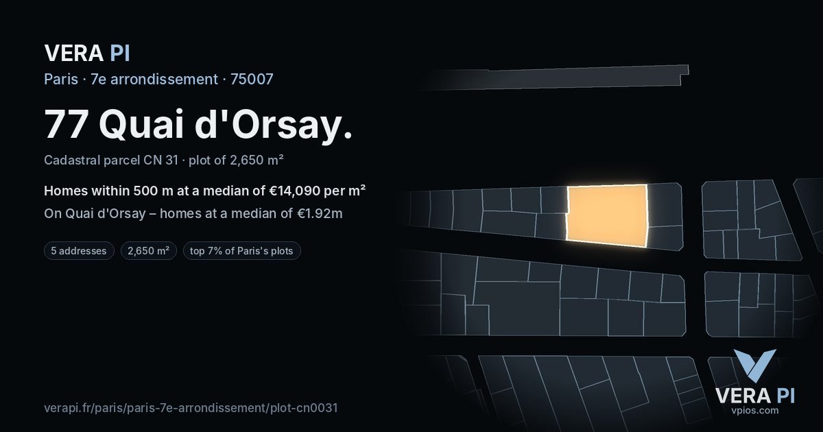 77 Quai d'Orsay, 7e arrondissement at night – the plot lit, the parcels around coloured by the prices near them