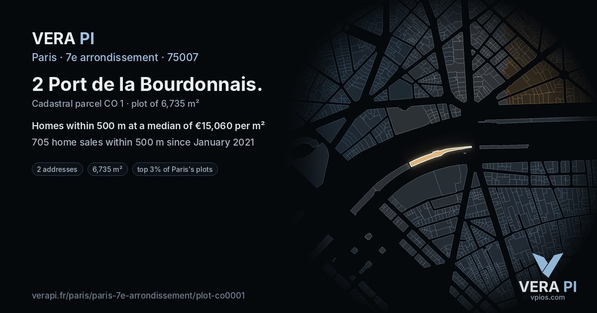 2 Port de la Bourdonnais, 7e arrondissement at night – the plot lit, the parcels around coloured by the prices near them