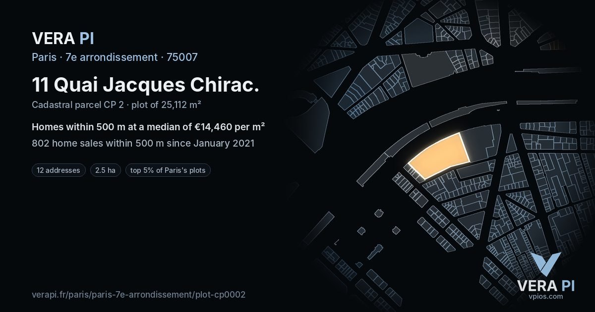 11 Quai Jacques Chirac, 7e arrondissement at night – the plot lit, the parcels around coloured by the prices near them