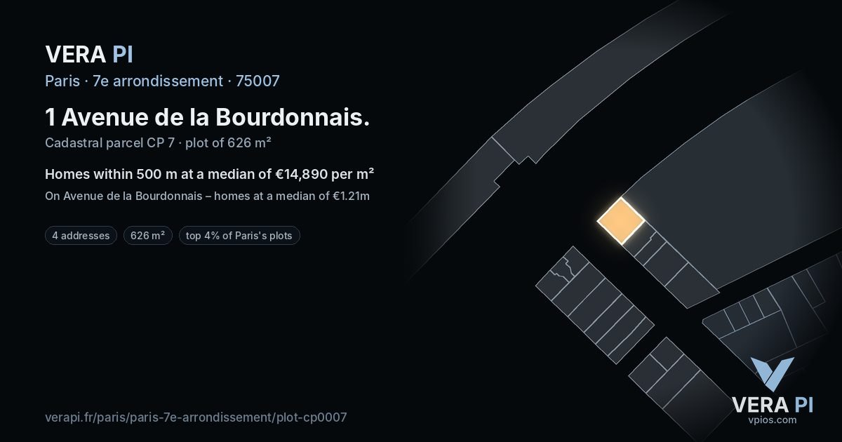 1 Avenue de la Bourdonnais, 7e arrondissement at night – the plot lit, the parcels around coloured by the prices near them