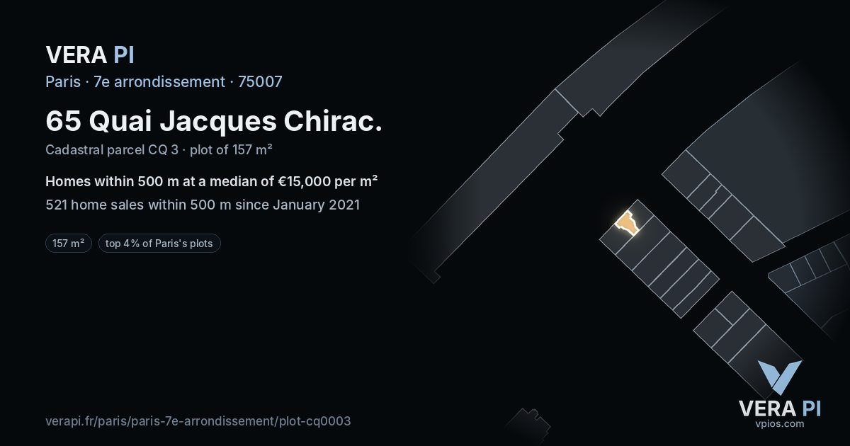65 Quai Jacques Chirac, 7e arrondissement at night – the plot lit, the parcels around coloured by the prices near them