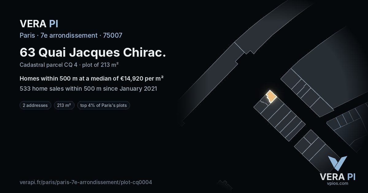 63 Quai Jacques Chirac, 7e arrondissement at night – the plot lit, the parcels around coloured by the prices near them