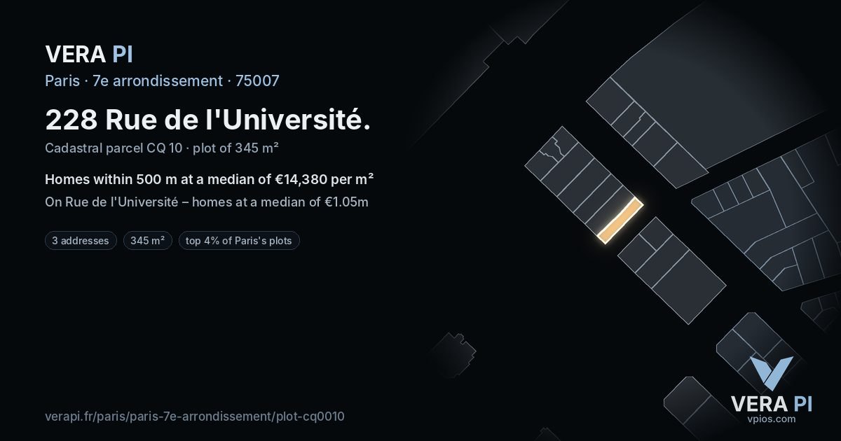 228 Rue de l'Université, 7e arrondissement at night – the plot lit, the parcels around coloured by the prices near them