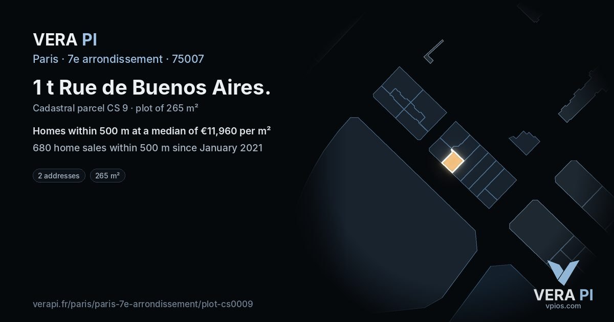 1 t Rue de Buenos Aires, 7e arrondissement at night – the plot lit, the parcels around coloured by the prices near them