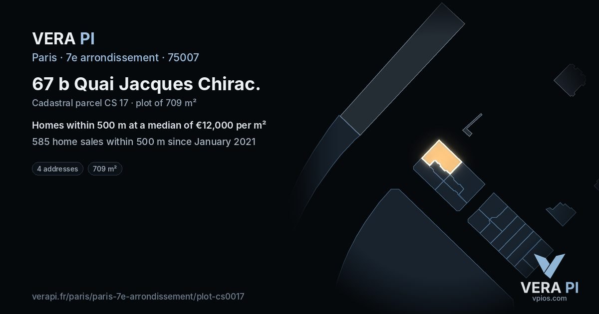 67 b Quai Jacques Chirac, 7e arrondissement at night – the plot lit, the parcels around coloured by the prices near them