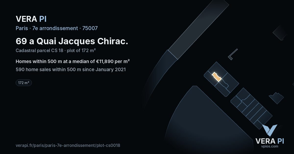 69 a Quai Jacques Chirac, 7e arrondissement at night – the plot lit, the parcels around coloured by the prices near them
