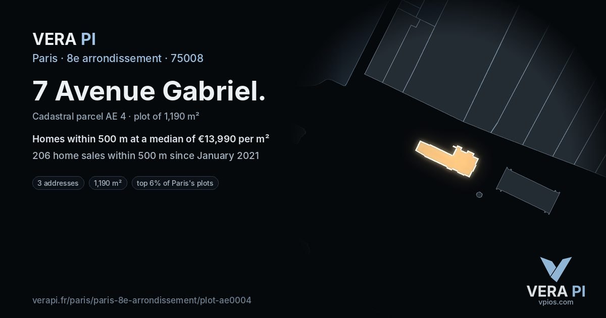 7 Avenue Gabriel, 8e arrondissement at night – the plot lit, the parcels around coloured by the prices near them
