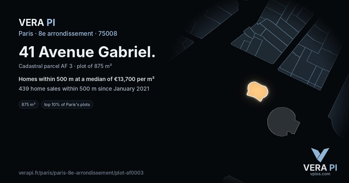 41 Avenue Gabriel, 8e arrondissement at night – the plot lit, the parcels around coloured by the prices near them