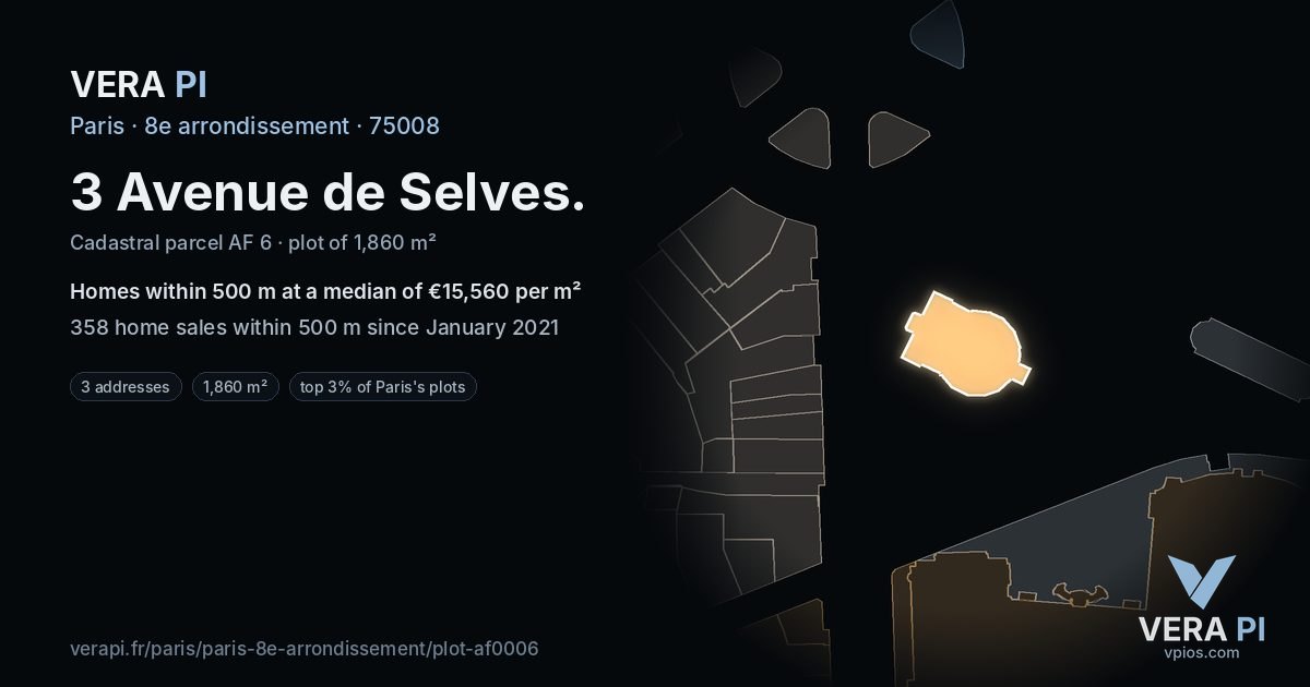 3 Avenue de Selves, 8e arrondissement at night – the plot lit, the parcels around coloured by the prices near them