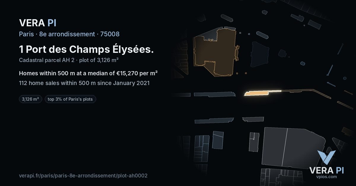 1 Port des Champs Élysées, 8e arrondissement at night – the plot lit, the parcels around coloured by the prices near them