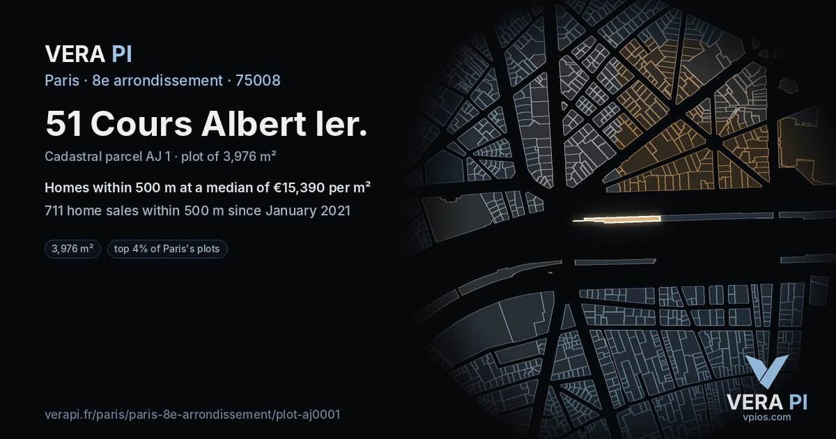 51 Cours Albert Ier, 8e arrondissement at night – the plot lit, the parcels around coloured by the prices near them