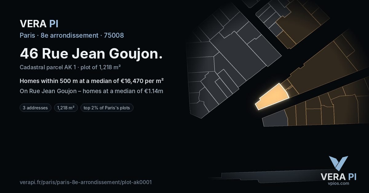 46 Rue Jean Goujon, 8e arrondissement at night – the plot lit, the parcels around coloured by the prices near them