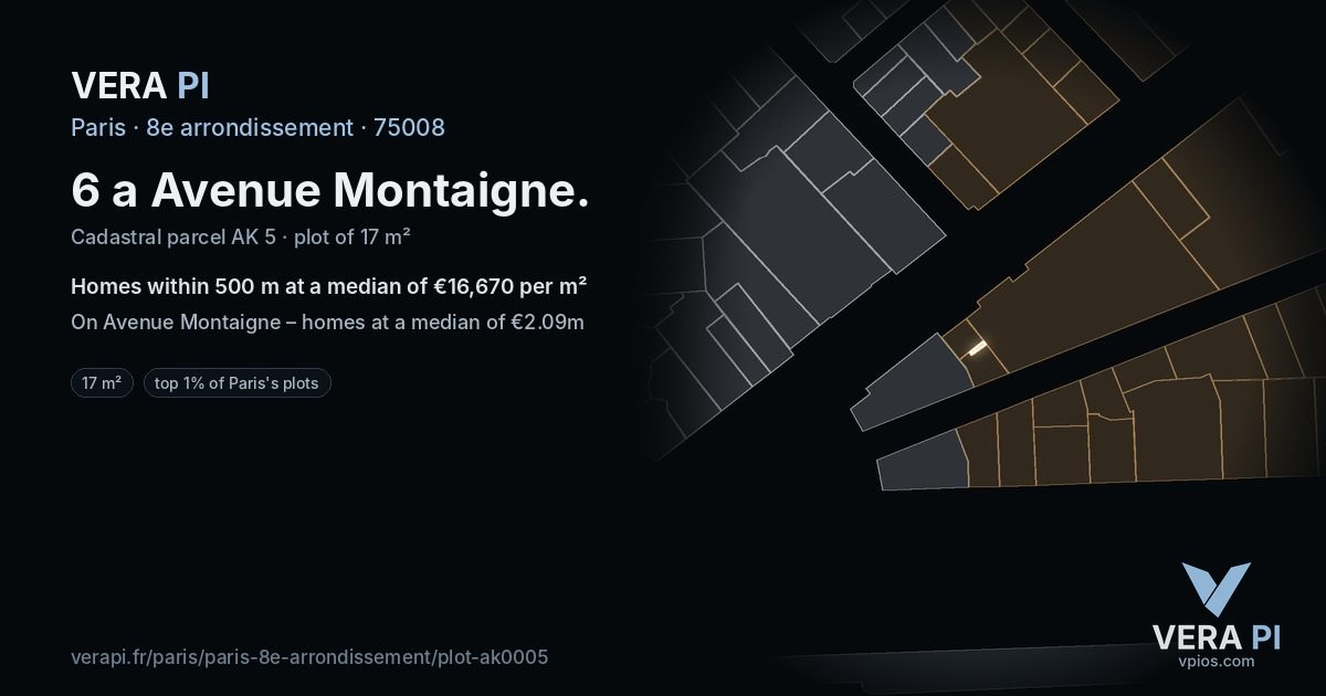 6 a Avenue Montaigne, 8e arrondissement at night – the plot lit, the parcels around coloured by the prices near them