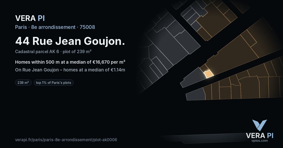 44 Rue Jean Goujon, 8e arrondissement at night – the plot lit, the parcels around coloured by the prices near them