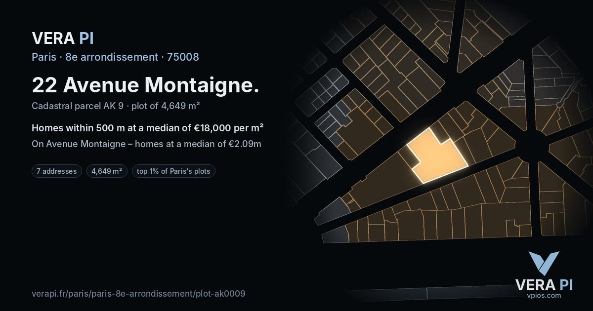 22 Avenue Montaigne, 8e arrondissement at night – the plot lit, the parcels around coloured by the prices near them