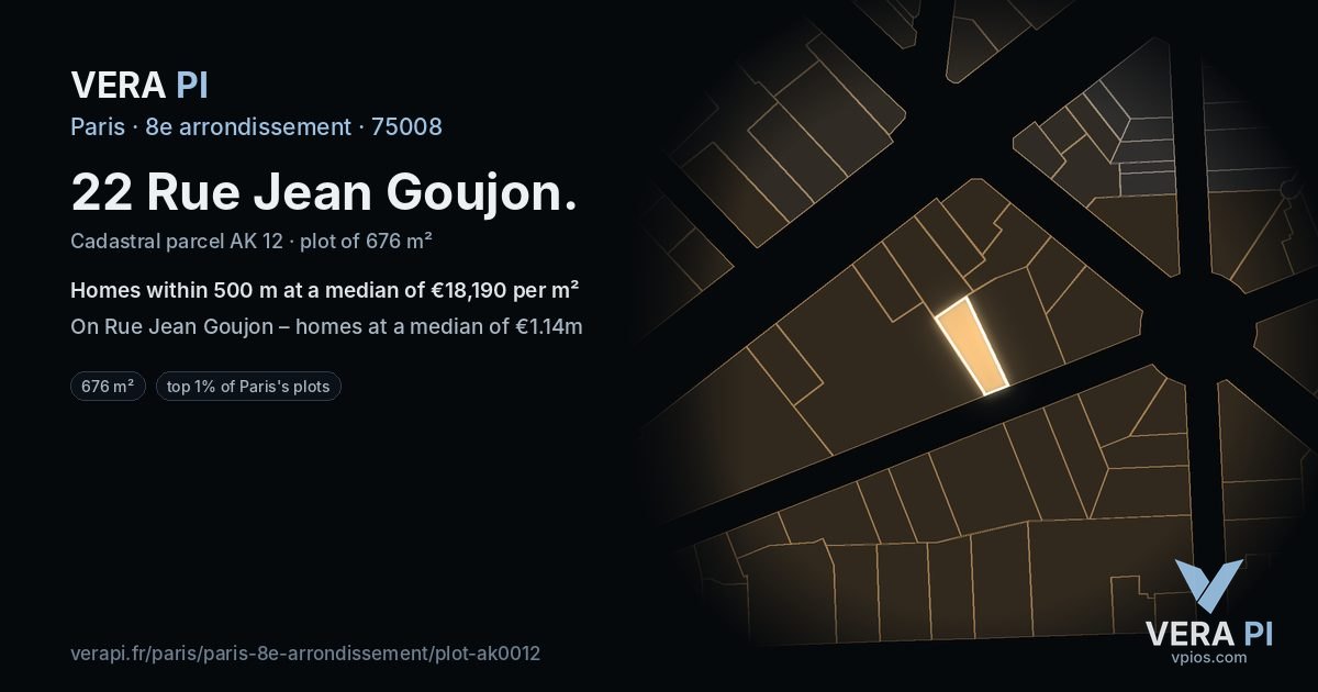 22 Rue Jean Goujon, 8e arrondissement at night – the plot lit, the parcels around coloured by the prices near them