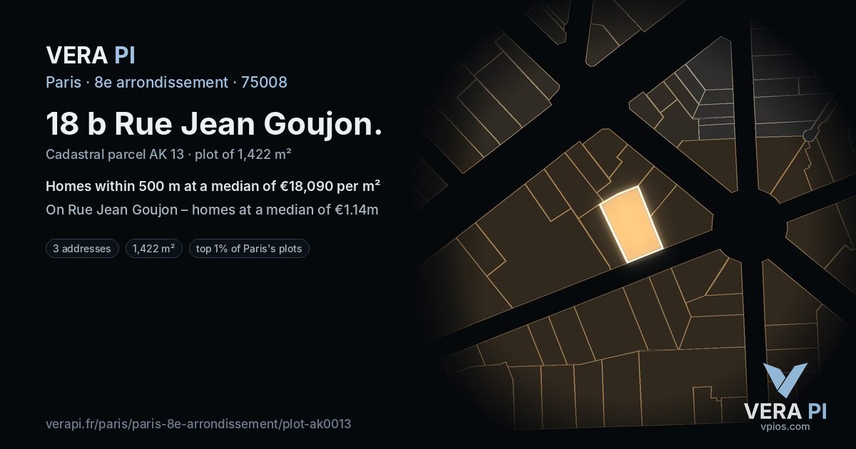 18 b Rue Jean Goujon, 8e arrondissement at night – the plot lit, the parcels around coloured by the prices near them