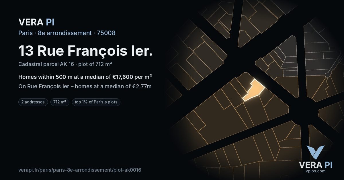 13 Rue François Ier, 8e arrondissement at night – the plot lit, the parcels around coloured by the prices near them