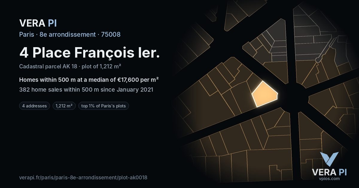 4 Place François Ier, 8e arrondissement at night – the plot lit, the parcels around coloured by the prices near them