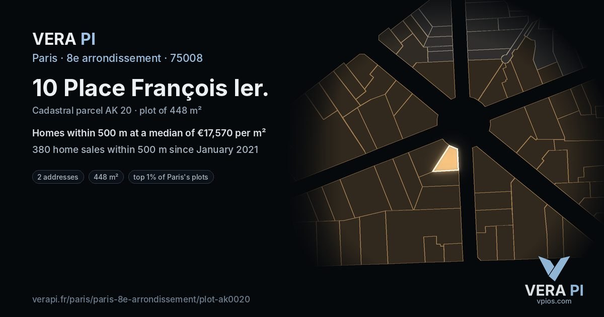10 Place François Ier, 8e arrondissement at night – the plot lit, the parcels around coloured by the prices near them