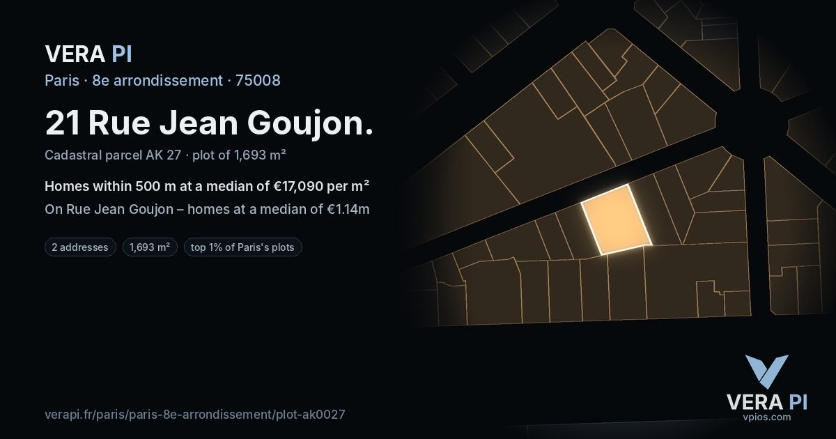 21 Rue Jean Goujon, 8e arrondissement at night – the plot lit, the parcels around coloured by the prices near them