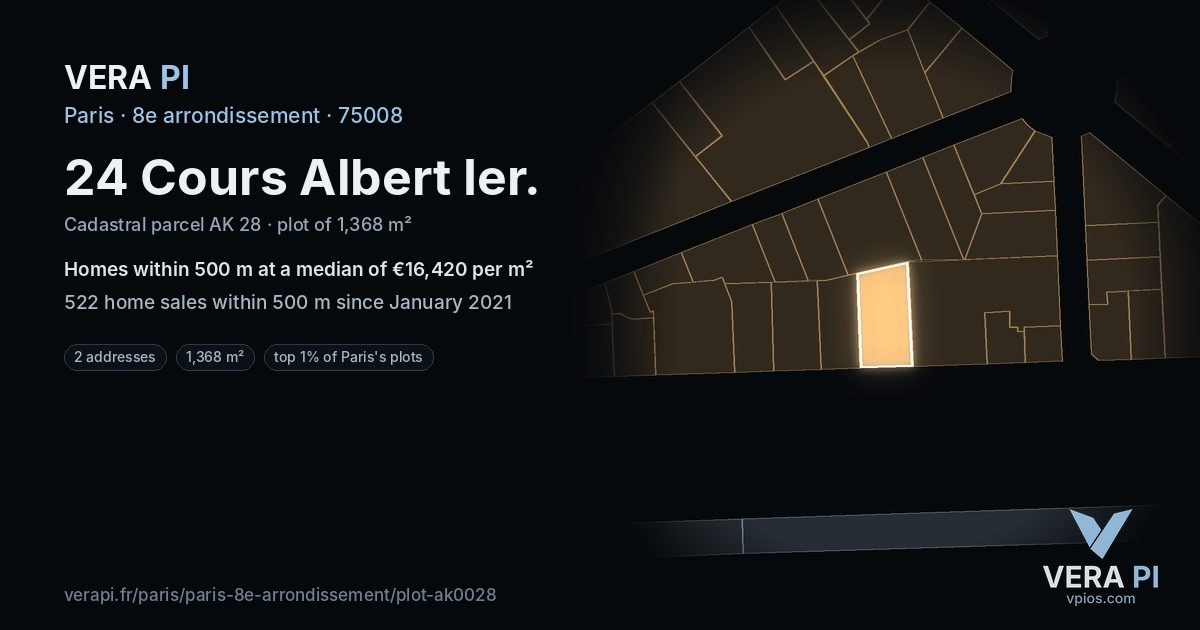 24 Cours Albert Ier, 8e arrondissement at night – the plot lit, the parcels around coloured by the prices near them