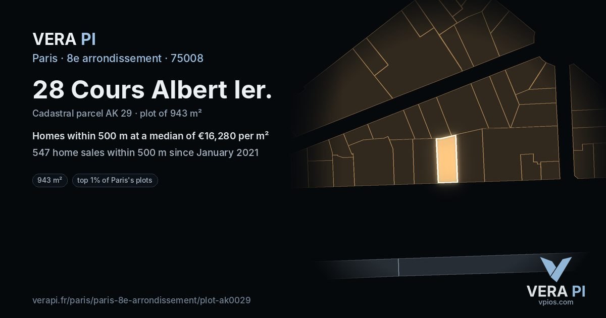 28 Cours Albert Ier, 8e arrondissement at night – the plot lit, the parcels around coloured by the prices near them