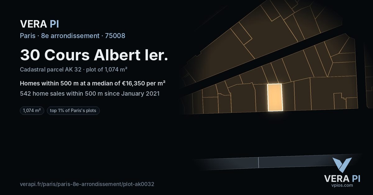 30 Cours Albert Ier, 8e arrondissement at night – the plot lit, the parcels around coloured by the prices near them