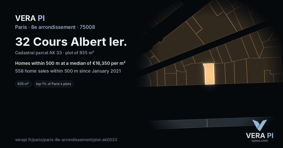 32 Cours Albert Ier, 8e arrondissement at night – the plot lit, the parcels around coloured by the prices near them