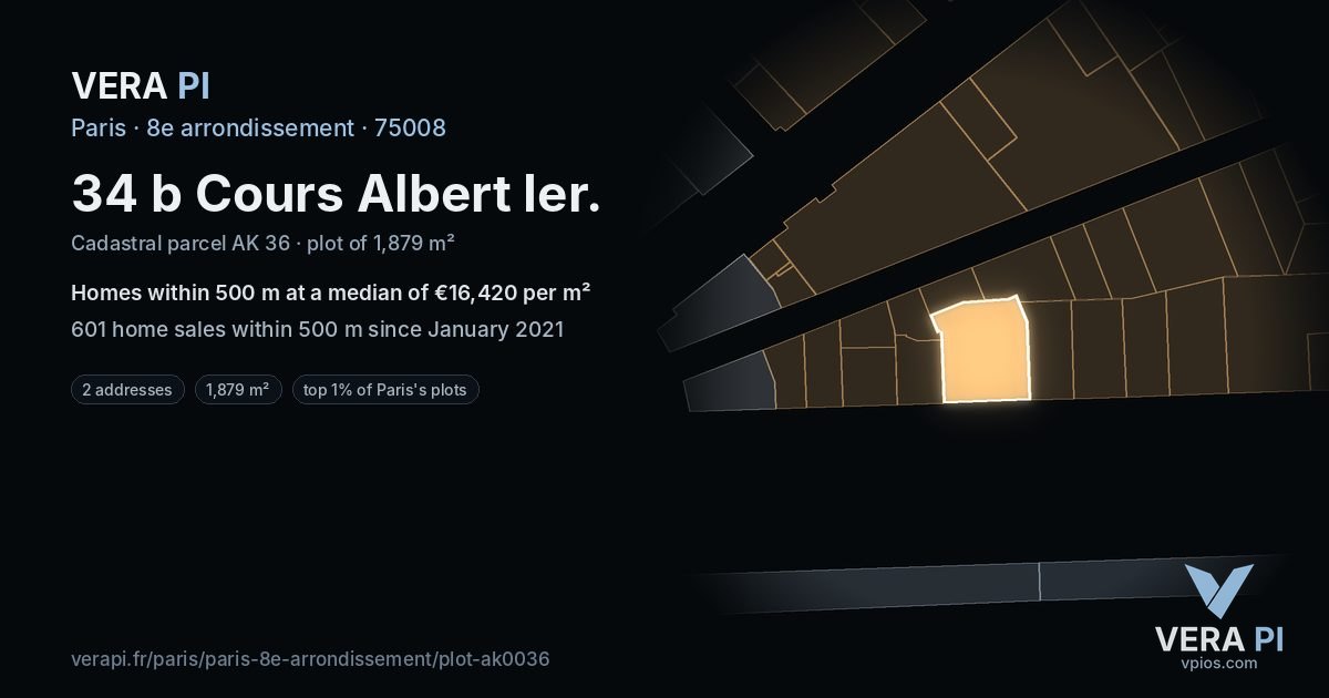 34 b Cours Albert Ier, 8e arrondissement at night – the plot lit, the parcels around coloured by the prices near them