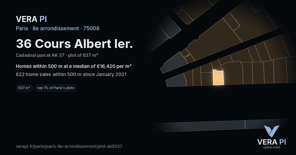 36 Cours Albert Ier, 8e arrondissement at night – the plot lit, the parcels around coloured by the prices near them
