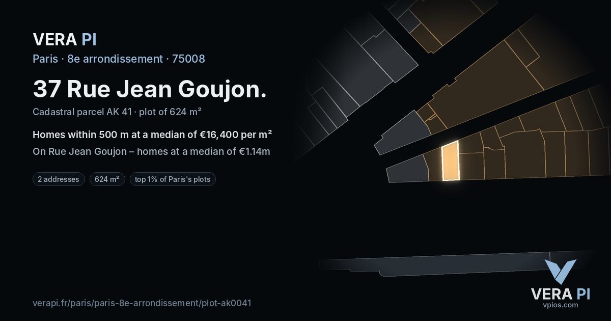 37 Rue Jean Goujon, 8e arrondissement at night – the plot lit, the parcels around coloured by the prices near them