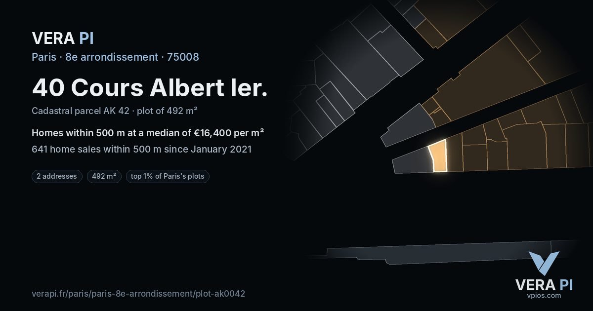 40 Cours Albert Ier, 8e arrondissement at night – the plot lit, the parcels around coloured by the prices near them