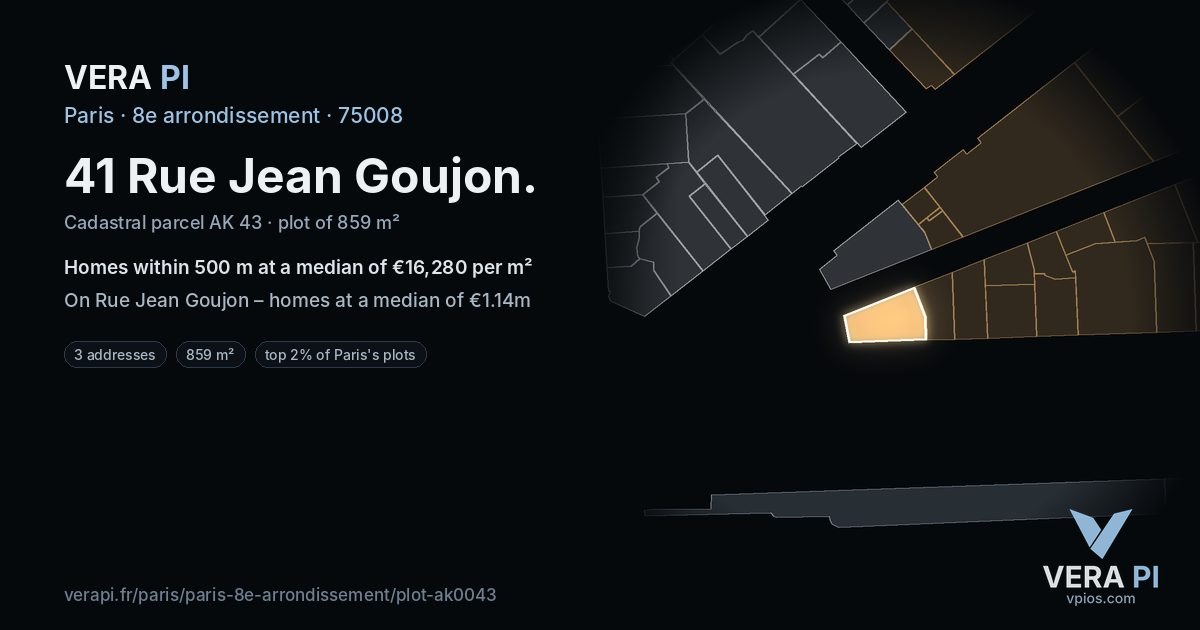 41 Rue Jean Goujon, 8e arrondissement at night – the plot lit, the parcels around coloured by the prices near them