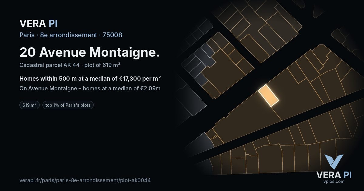 20 Avenue Montaigne, 8e arrondissement at night – the plot lit, the parcels around coloured by the prices near them