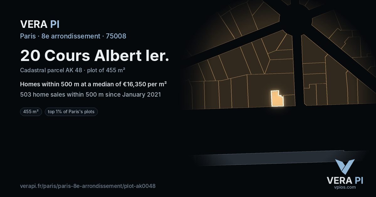 20 Cours Albert Ier, 8e arrondissement at night – the plot lit, the parcels around coloured by the prices near them