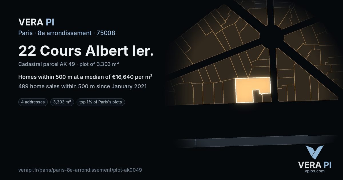 22 Cours Albert Ier, 8e arrondissement at night – the plot lit, the parcels around coloured by the prices near them
