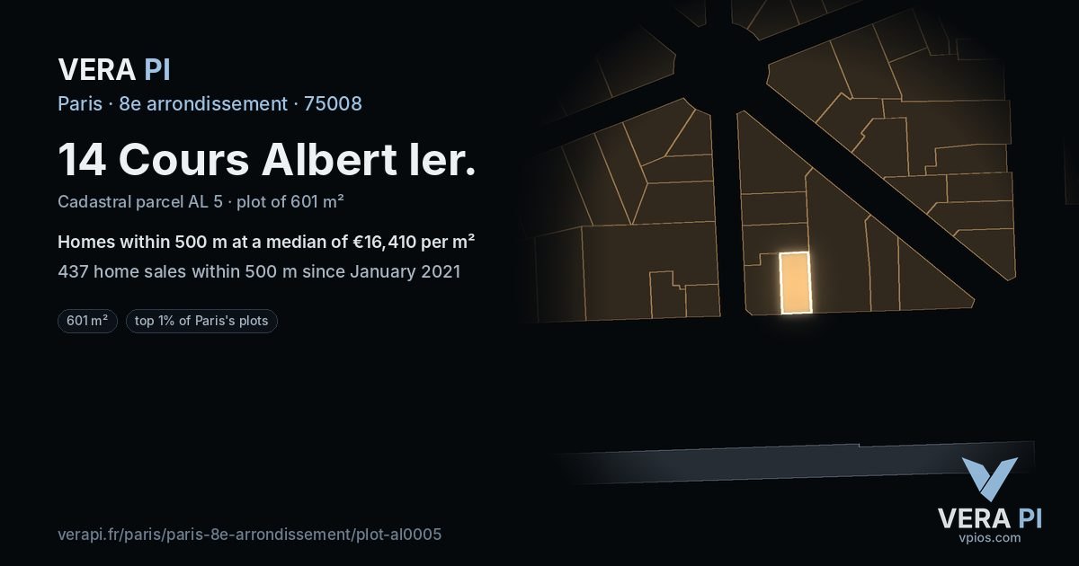 14 Cours Albert Ier, 8e arrondissement at night – the plot lit, the parcels around coloured by the prices near them