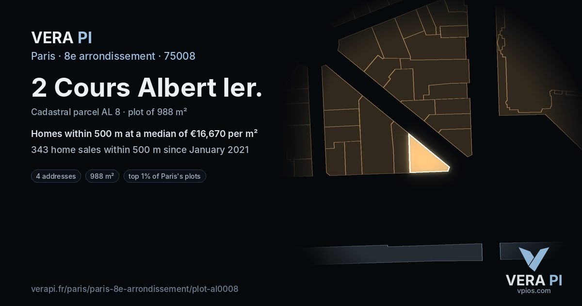 2 Cours Albert Ier, 8e arrondissement at night – the plot lit, the parcels around coloured by the prices near them