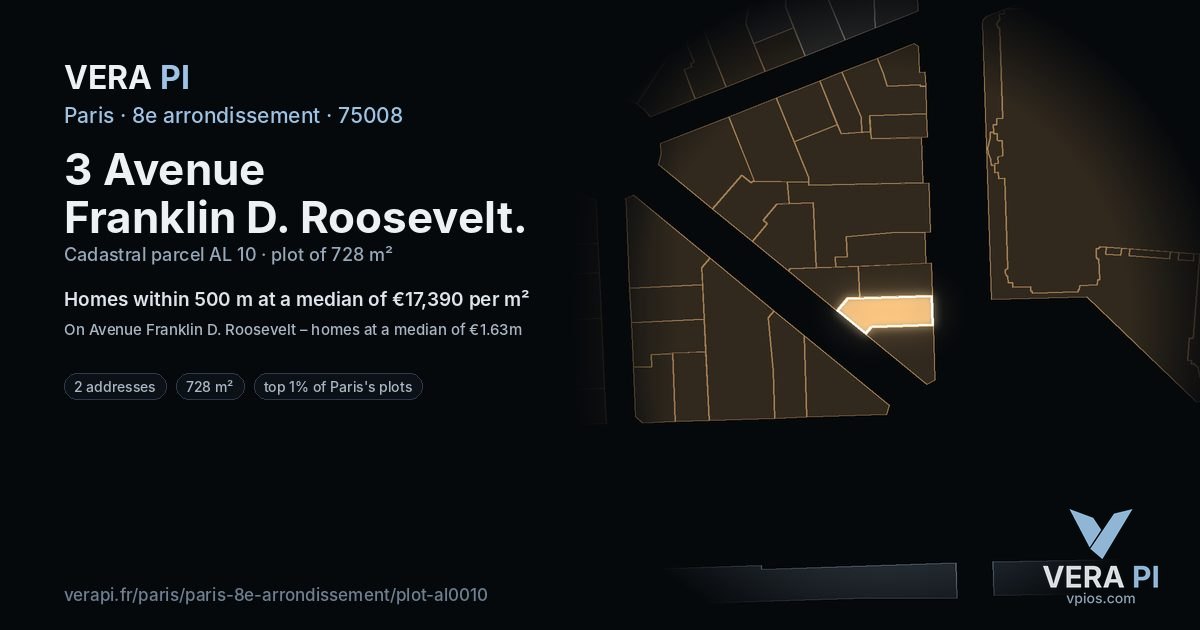 3 Avenue Franklin D. Roosevelt, 8e arrondissement at night – the plot lit, the parcels around coloured by the prices near them