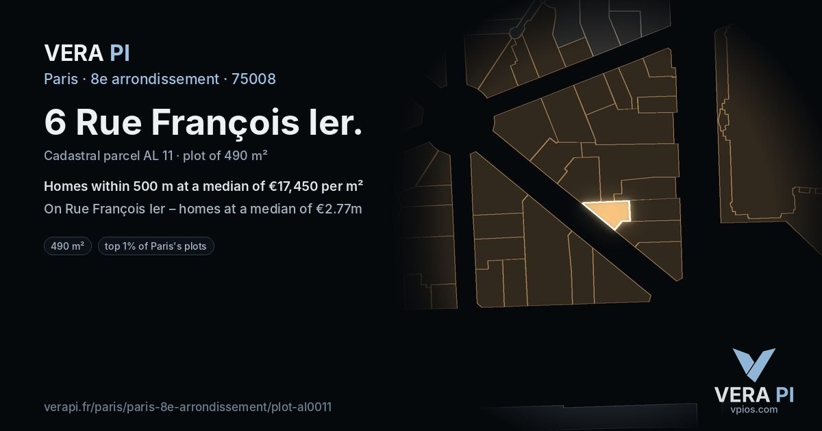 6 Rue François Ier, 8e arrondissement at night – the plot lit, the parcels around coloured by the prices near them