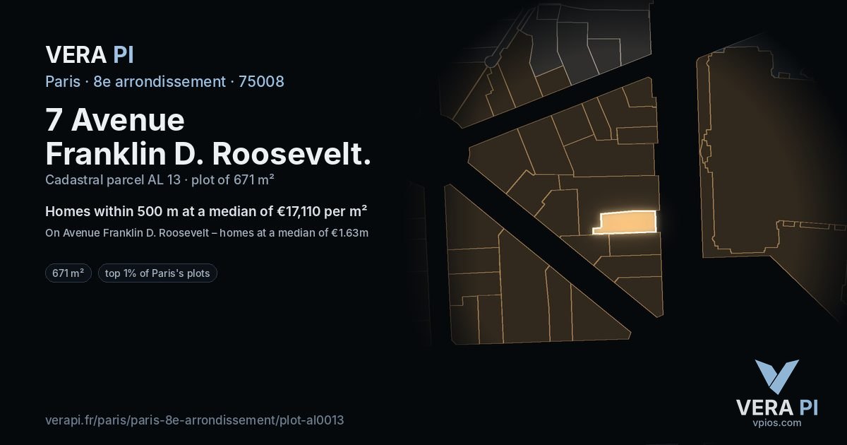 7 Avenue Franklin D. Roosevelt, 8e arrondissement at night – the plot lit, the parcels around coloured by the prices near them