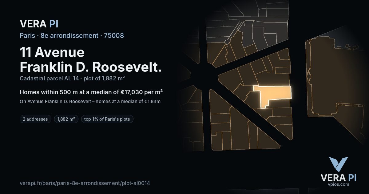 11 Avenue Franklin D. Roosevelt, 8e arrondissement at night – the plot lit, the parcels around coloured by the prices near them