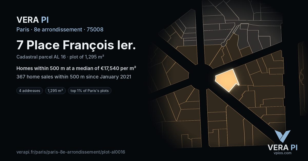 7 Place François Ier, 8e arrondissement at night – the plot lit, the parcels around coloured by the prices near them