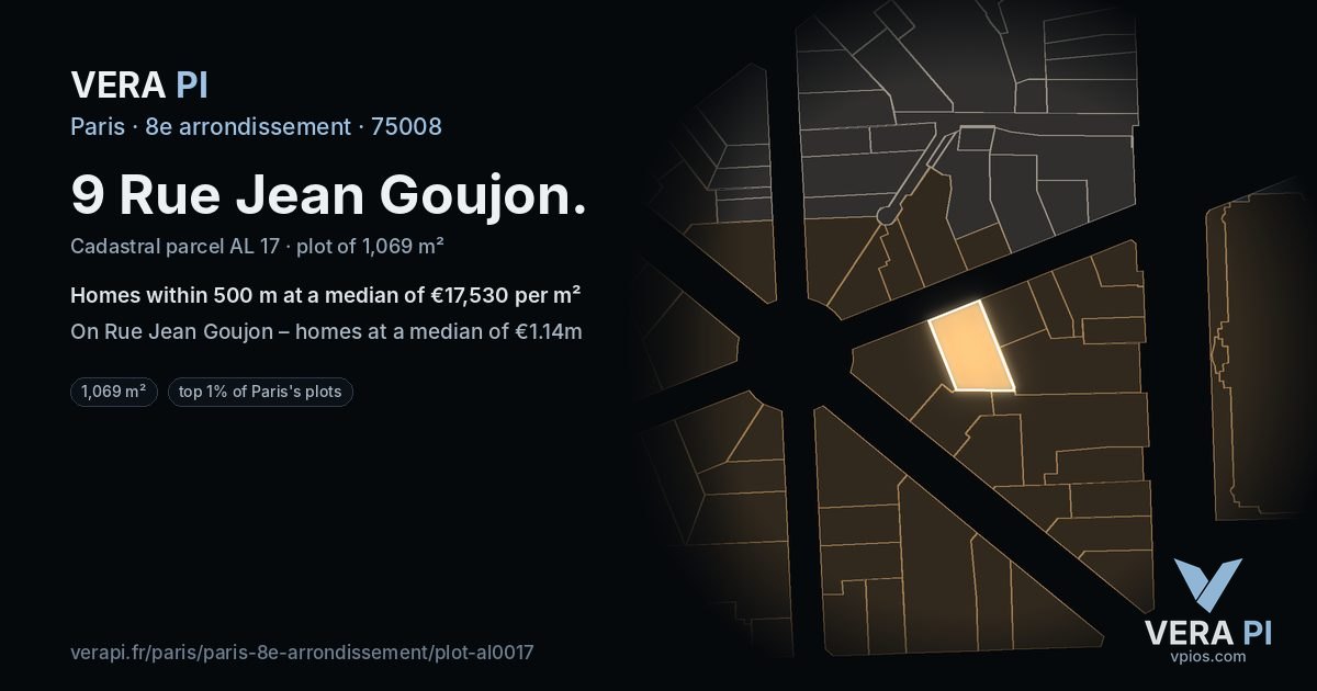 9 Rue Jean Goujon, 8e arrondissement at night – the plot lit, the parcels around coloured by the prices near them