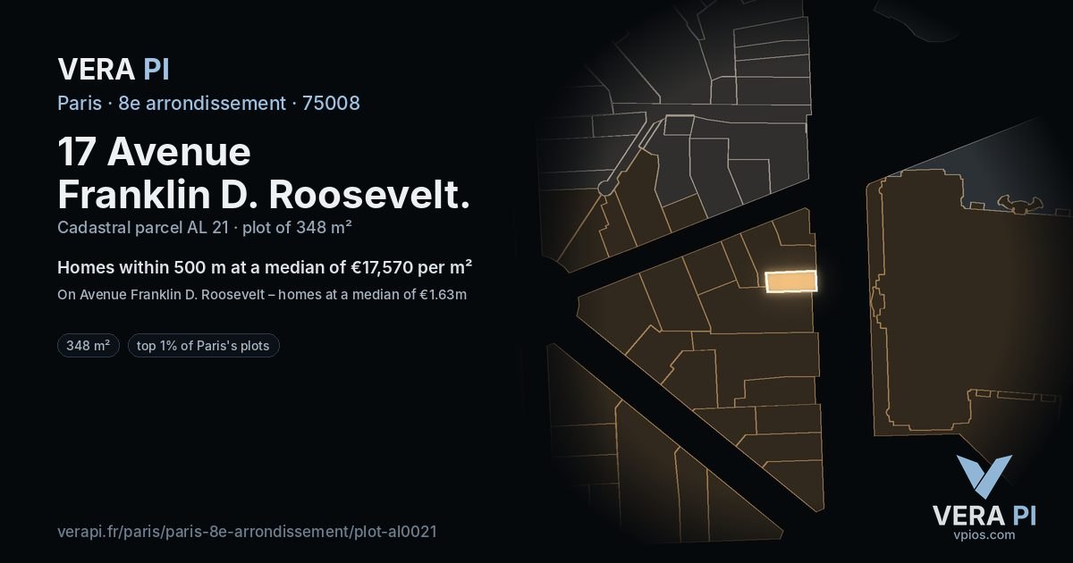 17 Avenue Franklin D. Roosevelt, 8e arrondissement at night – the plot lit, the parcels around coloured by the prices near them