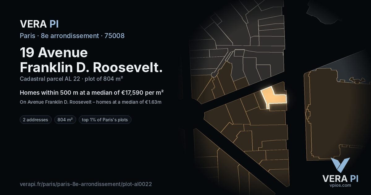 19 Avenue Franklin D. Roosevelt, 8e arrondissement at night – the plot lit, the parcels around coloured by the prices near them