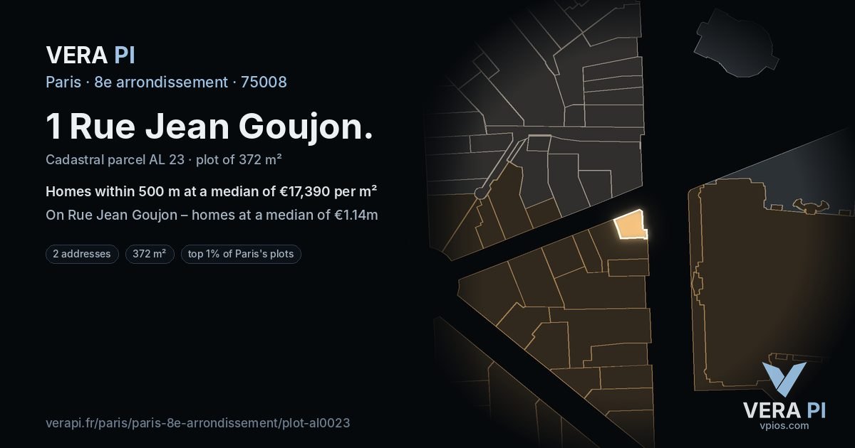 1 Rue Jean Goujon, 8e arrondissement at night – the plot lit, the parcels around coloured by the prices near them